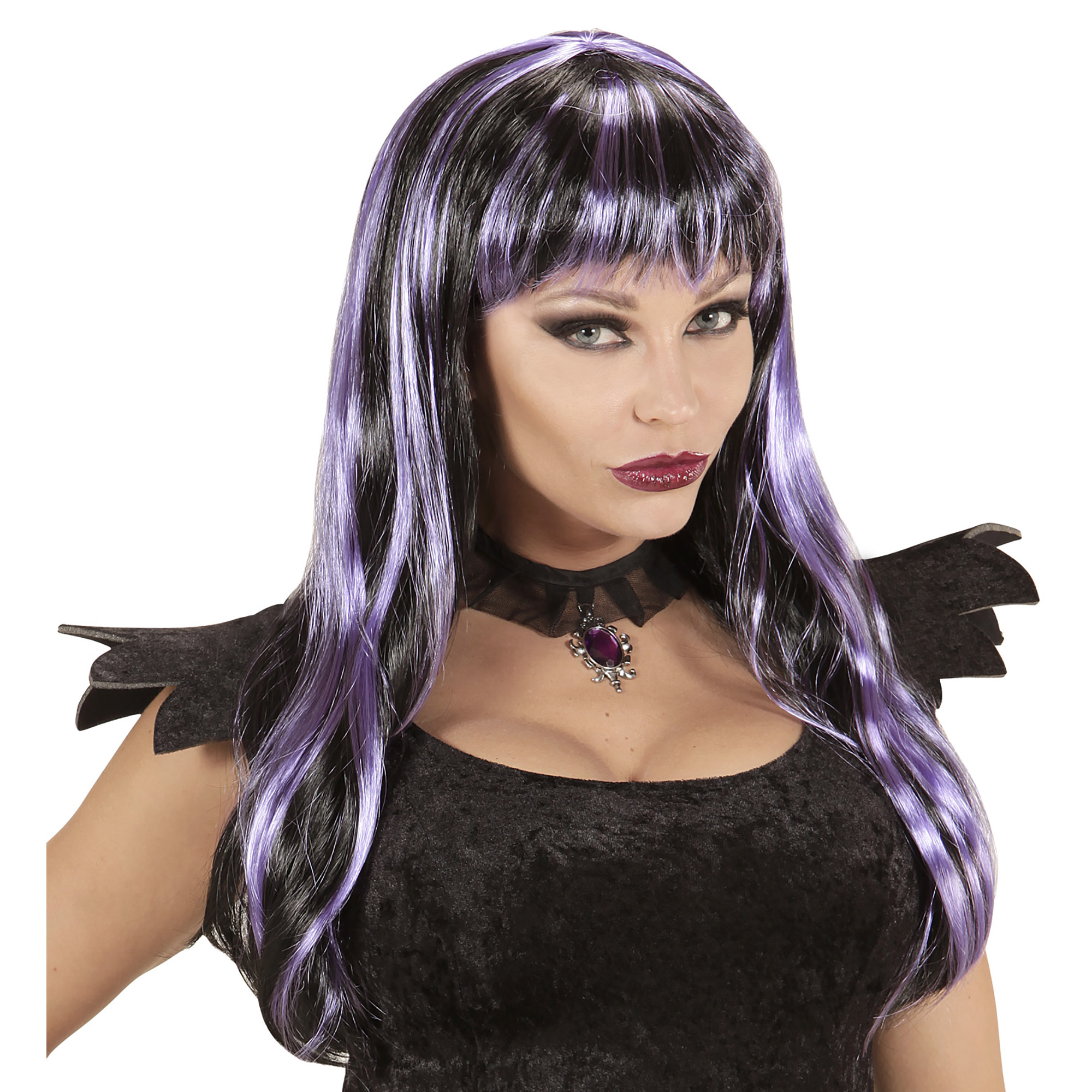 Pruik met lang haar zwart paars halloween purple witch