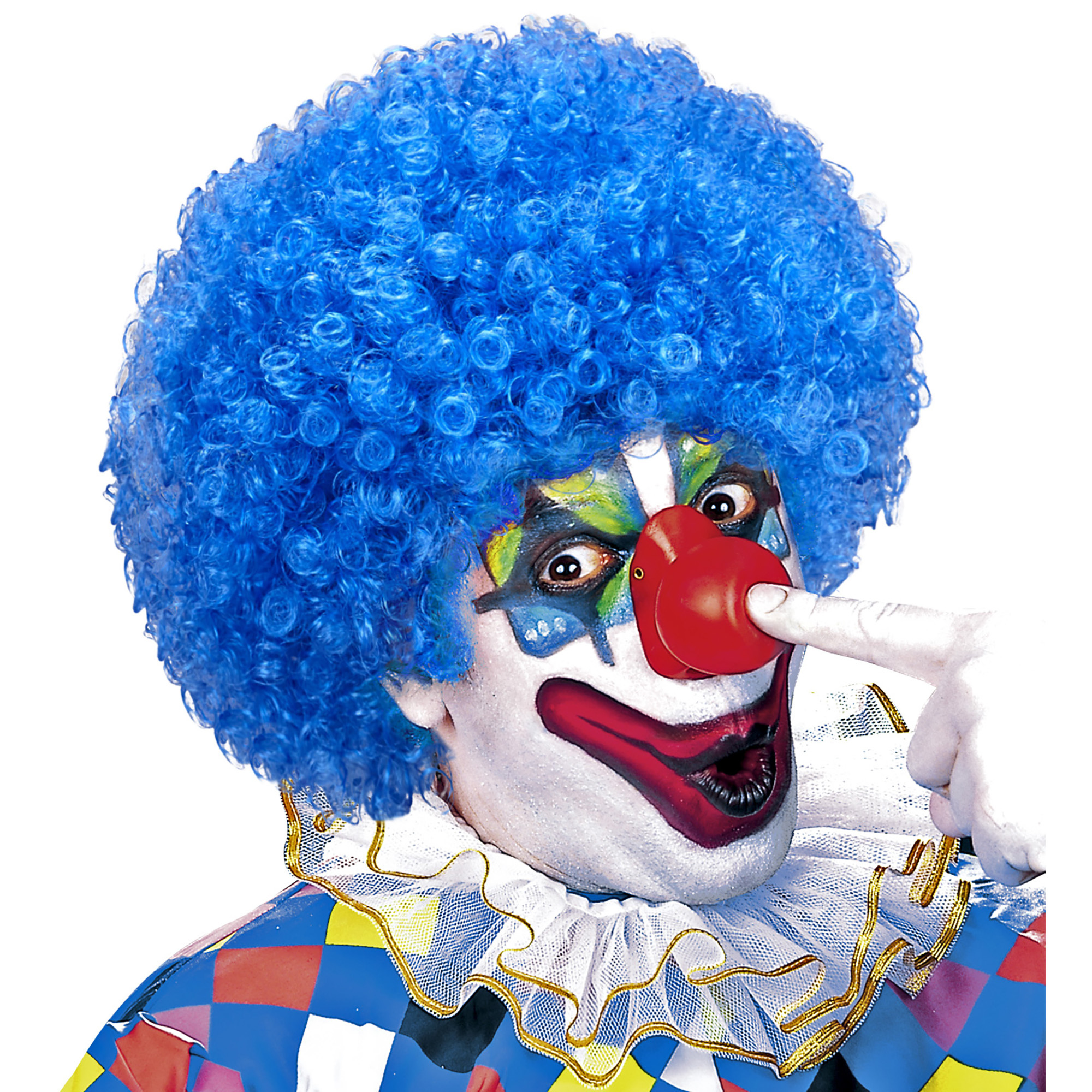 Clownspruik blauw krullend volwassen