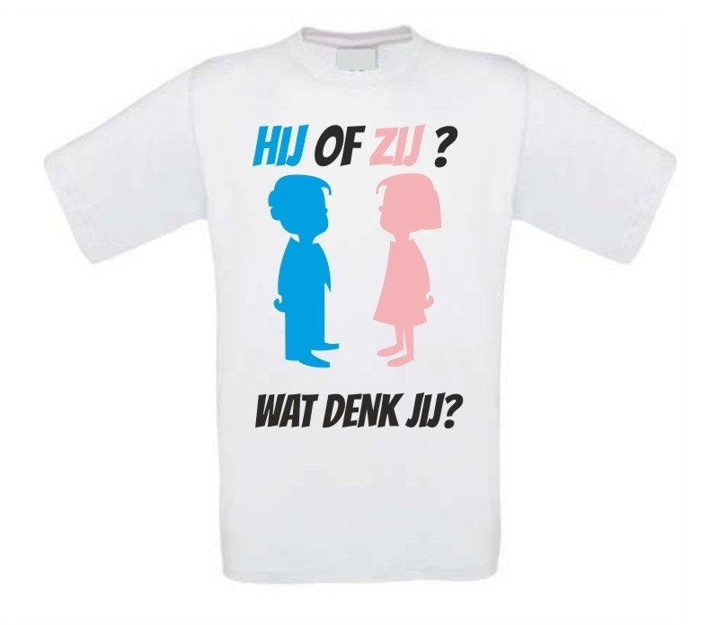 Hij of zij? Wat denk jij? gender reveal party T-shirt