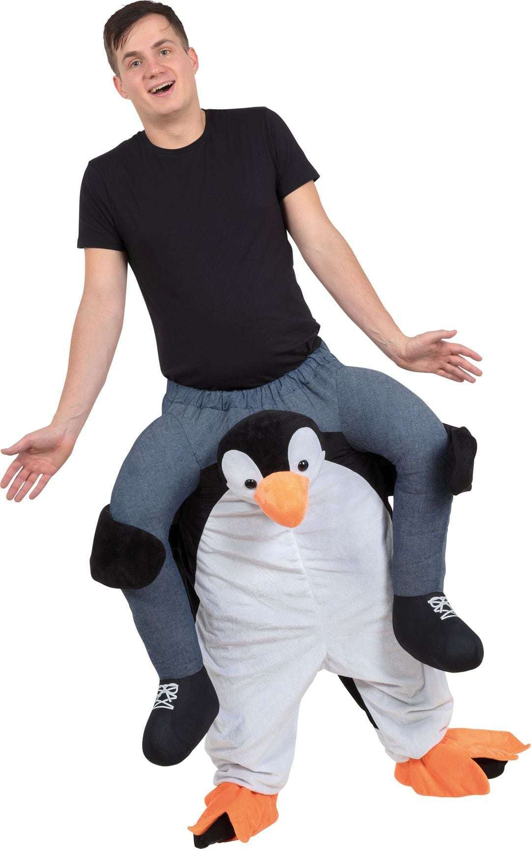bereden instap kostuum op de rug van een pinguin zitten