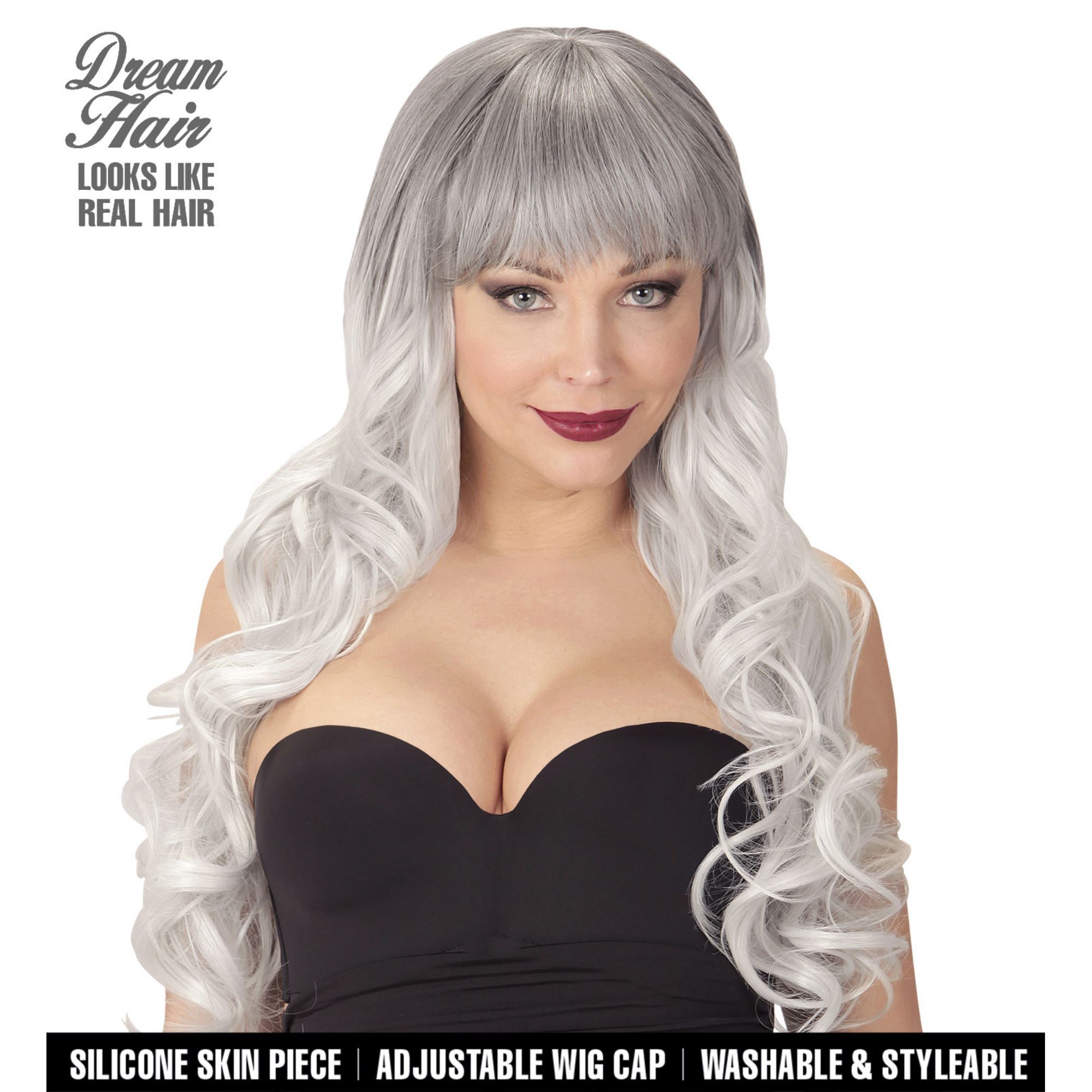 grijs zwarte pruik Melania lange haren droomhaar