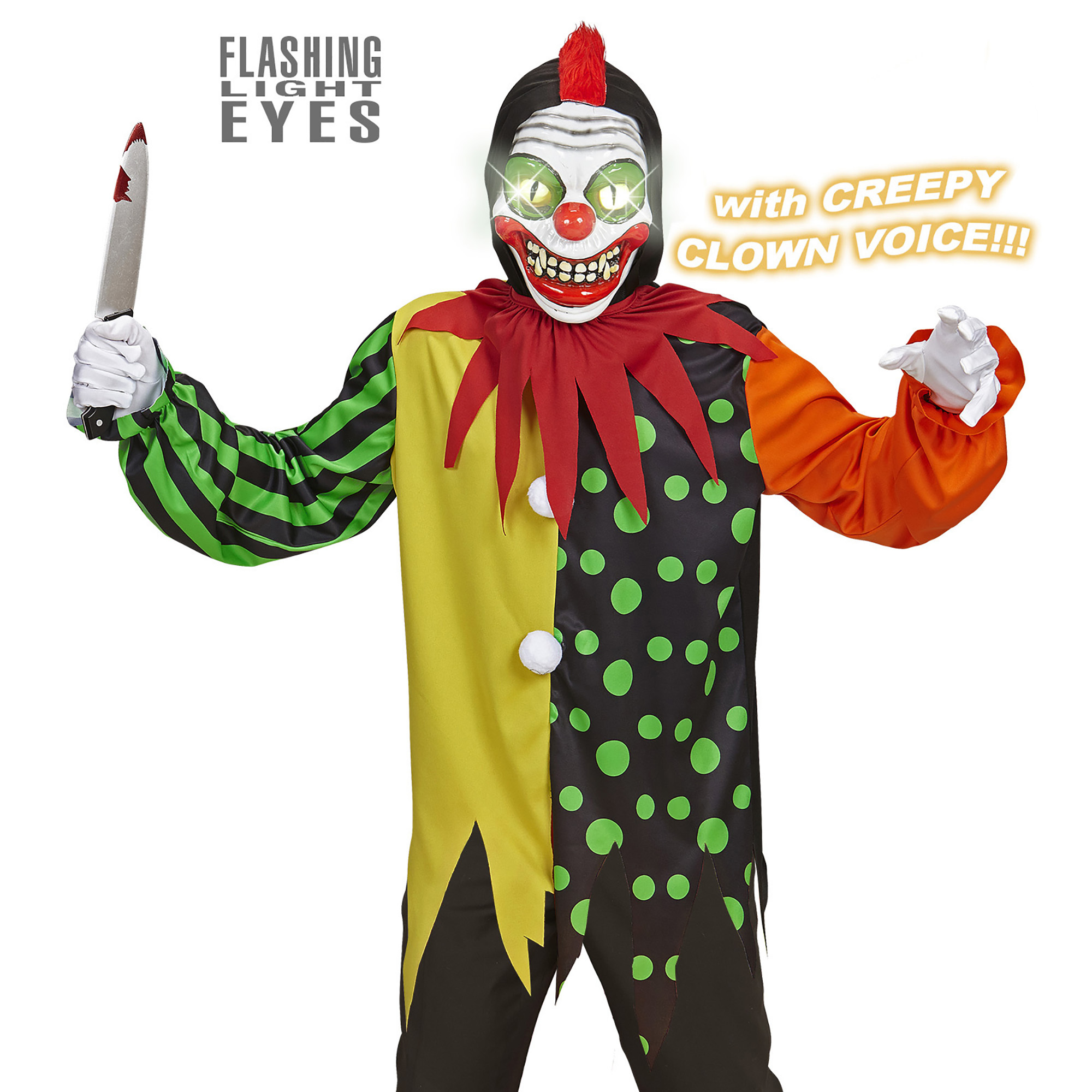 Horror clown kostuum met lichtgevende ogen kind 