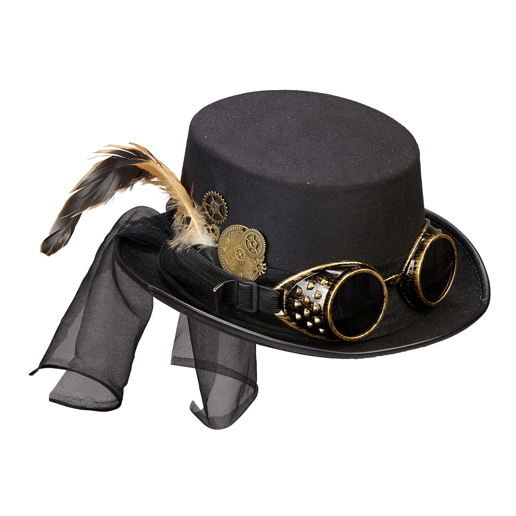 Zwarte hoge hoed met bril volwassen steampunk