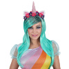 Eenhoorn unicorn blauw groene pruik met bloemetjes haarband