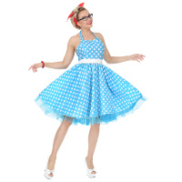 Jaren 50 jurk lichtblauw met witte bollen retro Jaren 50 jurk lichtblauw met witte bollen retro