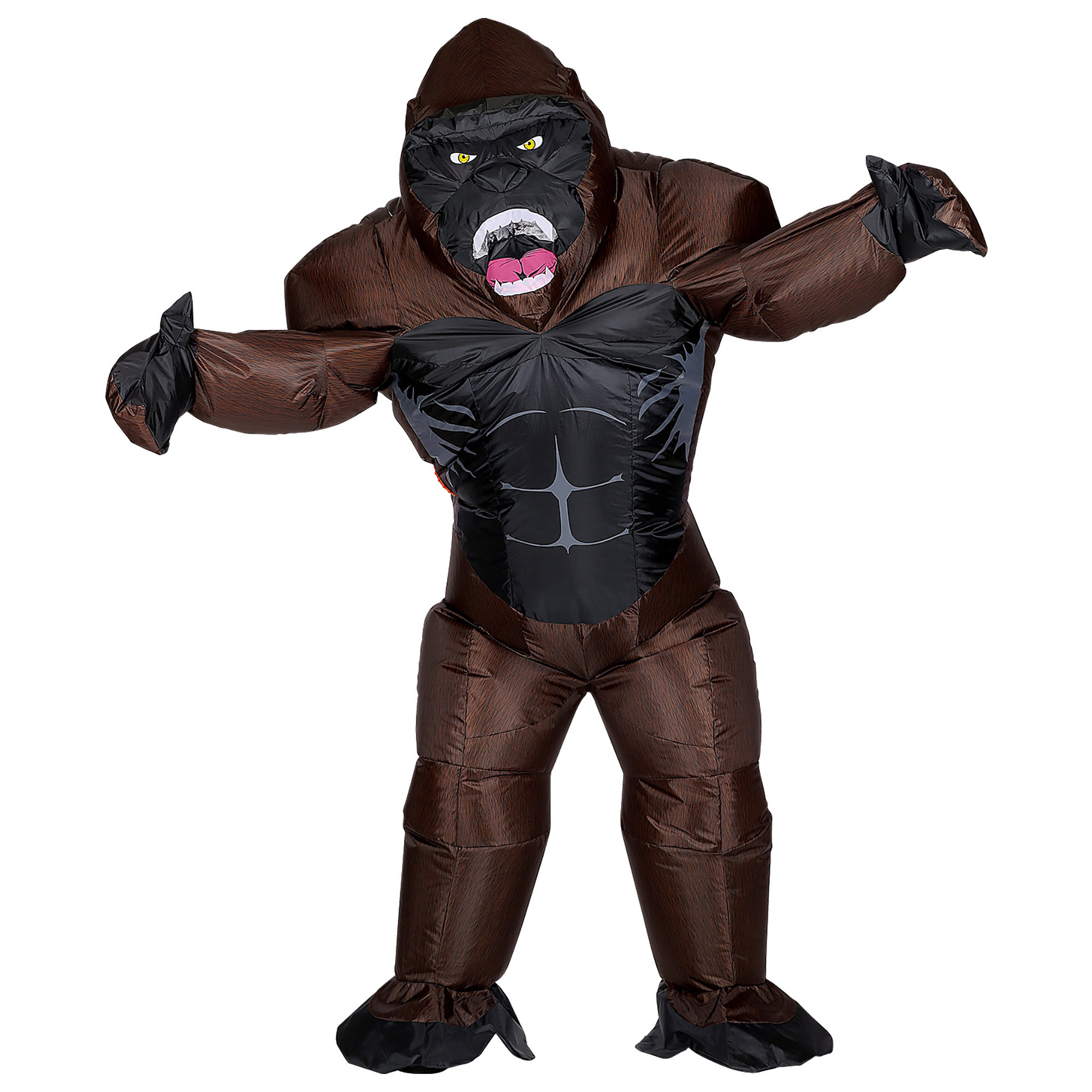 Opblaasbaar kostuum gorilla voor aap gezet