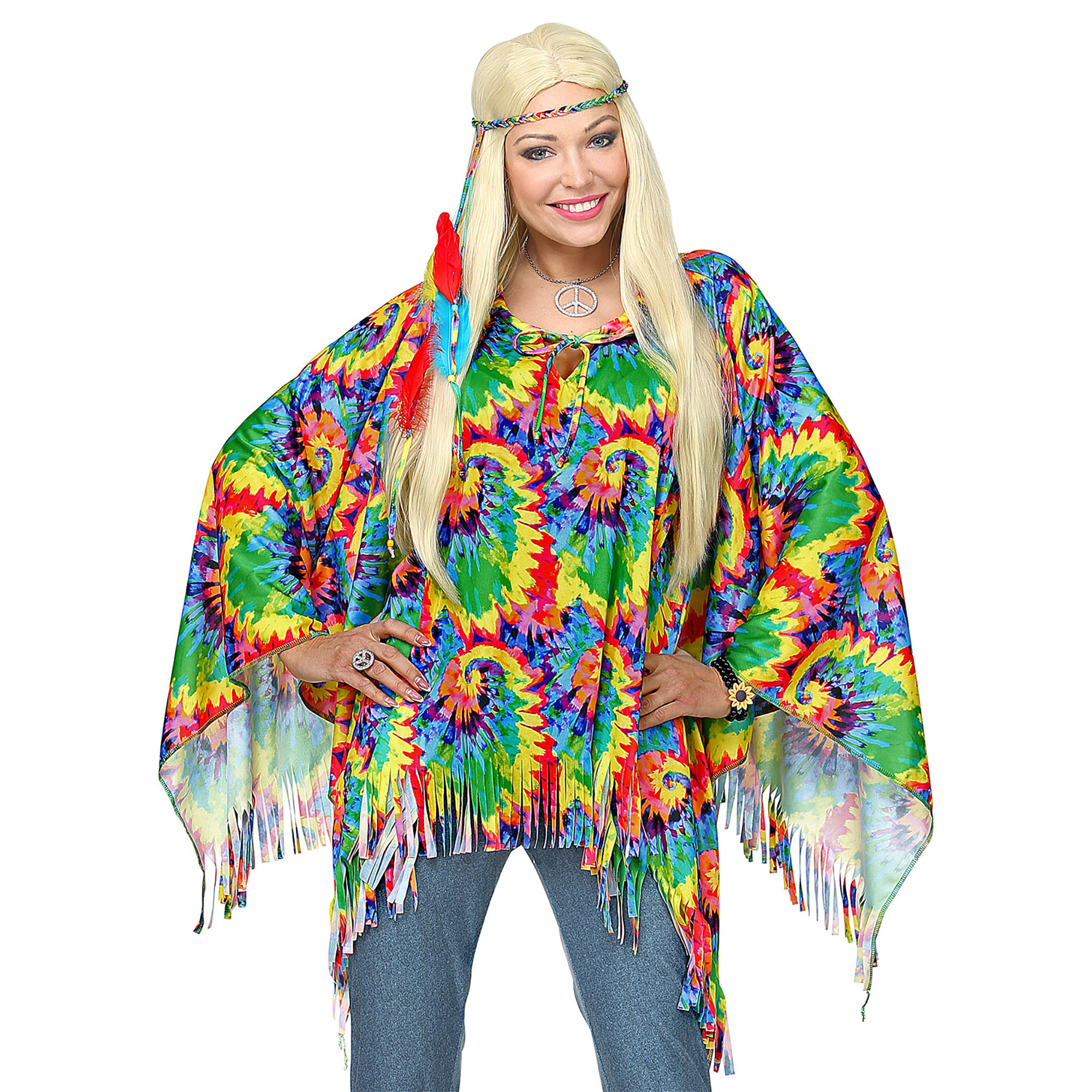 Poncho hippie kleurrijk bont patroon met hoofband dame outfit