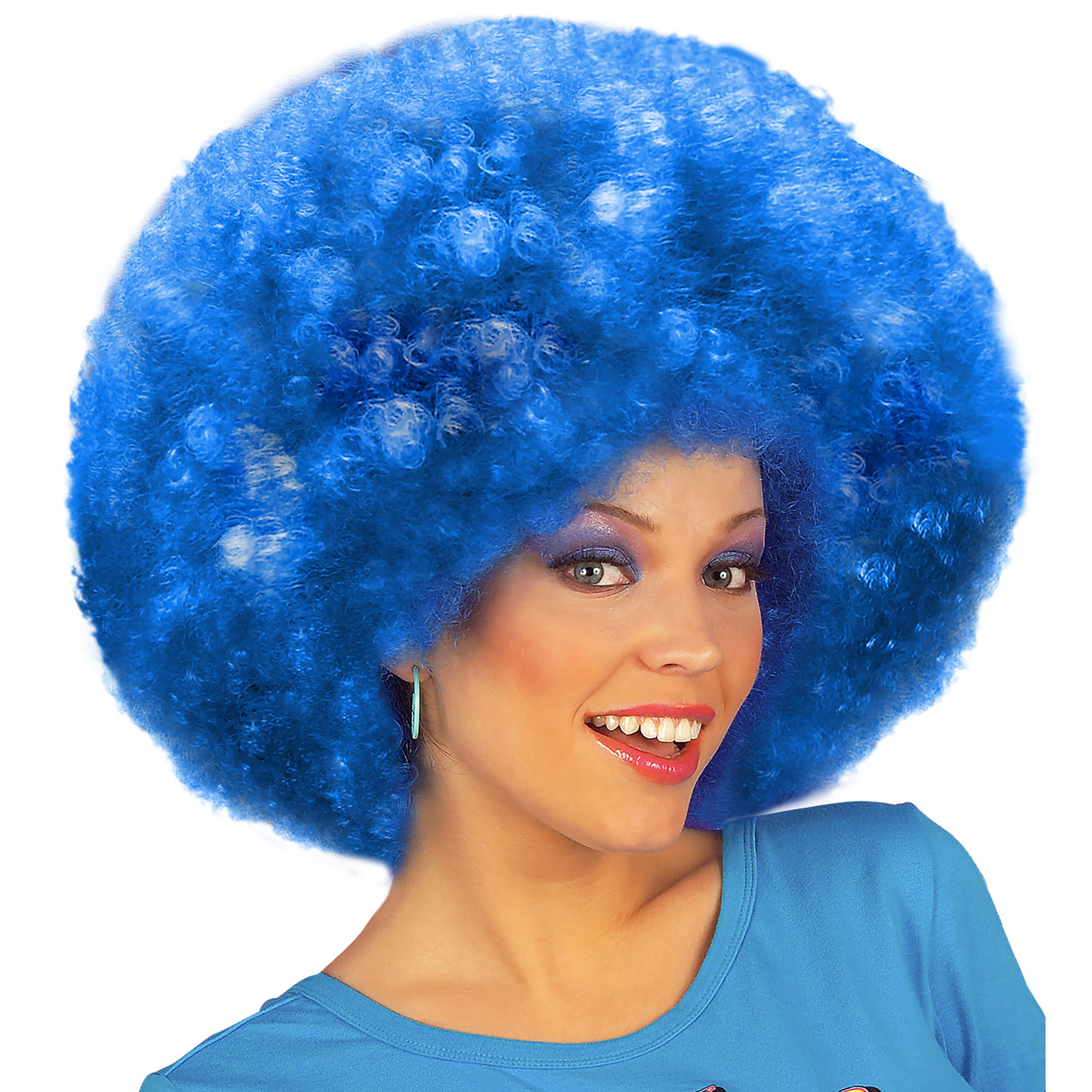 Afro pruik Groovy blauw met extra krul disco