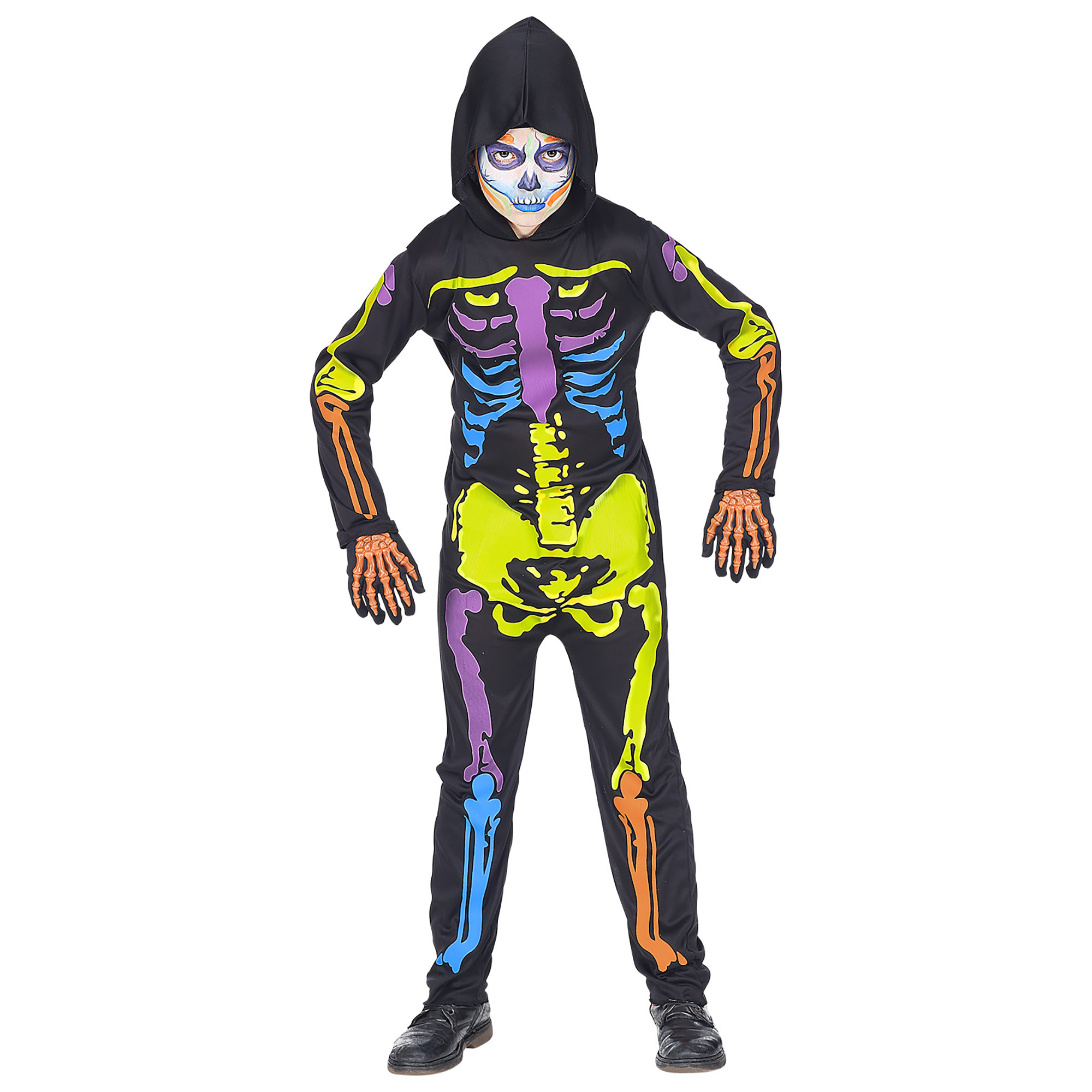 Kleurrijk en gezellig skelet kostuum voor kinderen niet te somber voor halloween