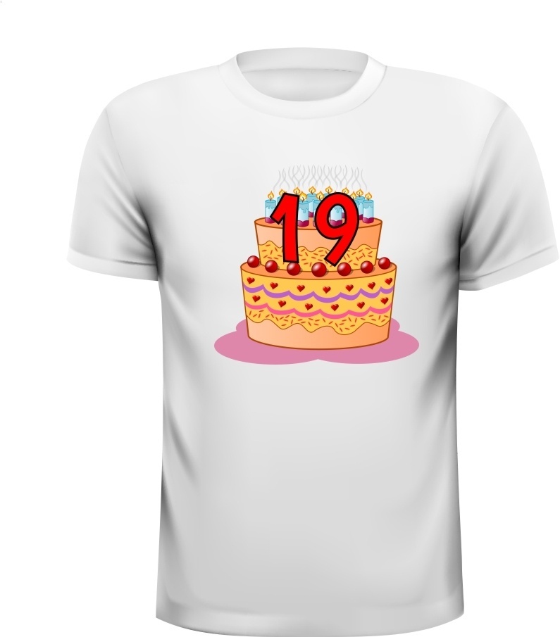 19 jaar wit verjaardag shirt met afbeelding van verjaardagstaart