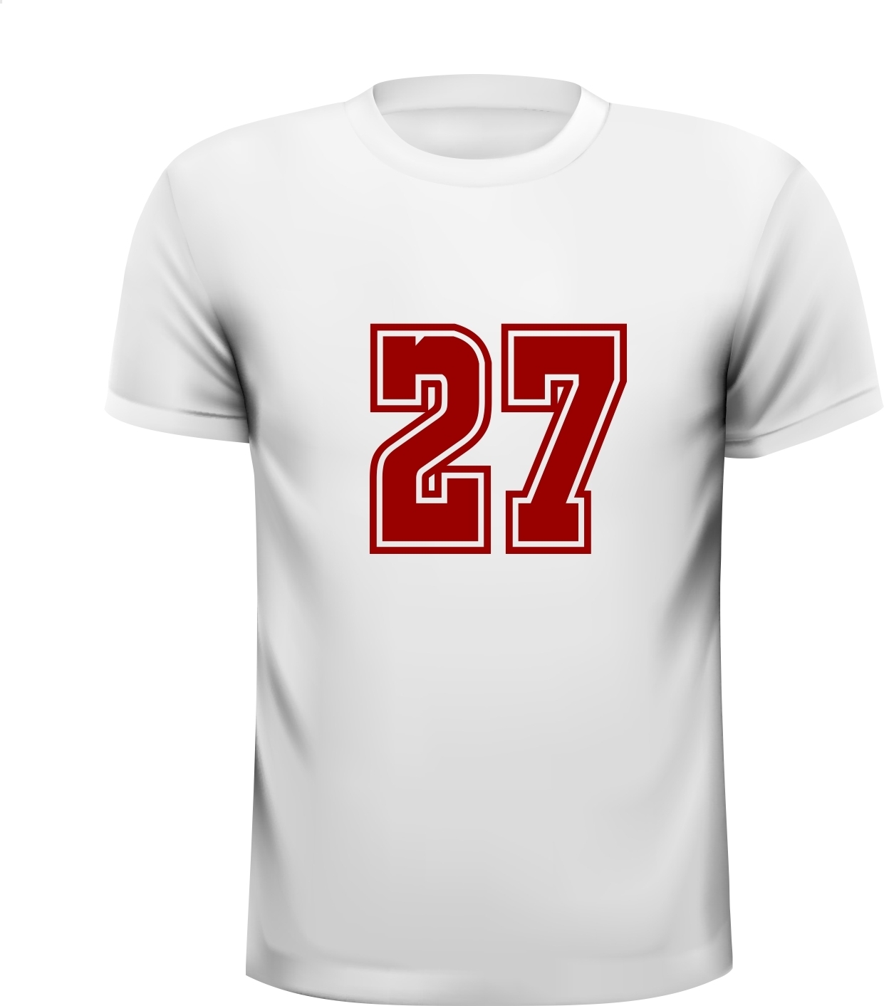 getal 27 wit shirt robijnrode cijfers
