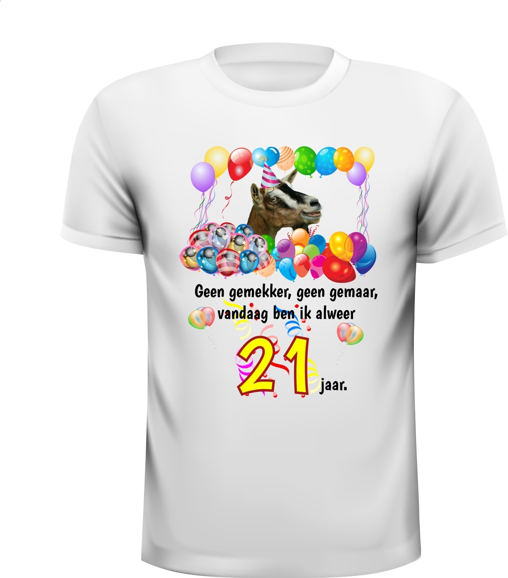 Feestelijk verjaardag shirt 21 jaar full colour met print van een geit