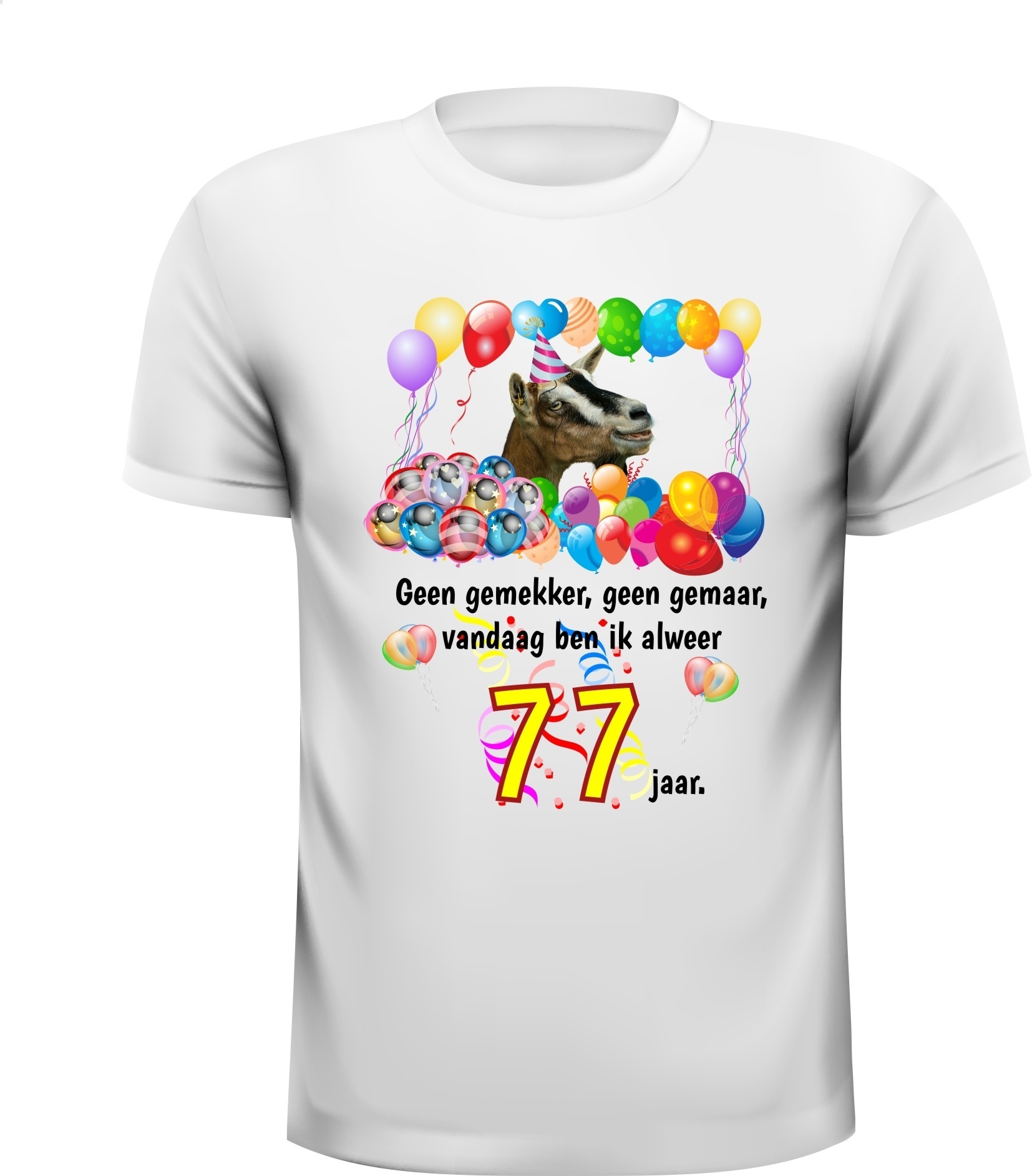 Feestelijk verjaardag shirt vrolijk en kleurrijk 77 jaar print met ballonnen en geit