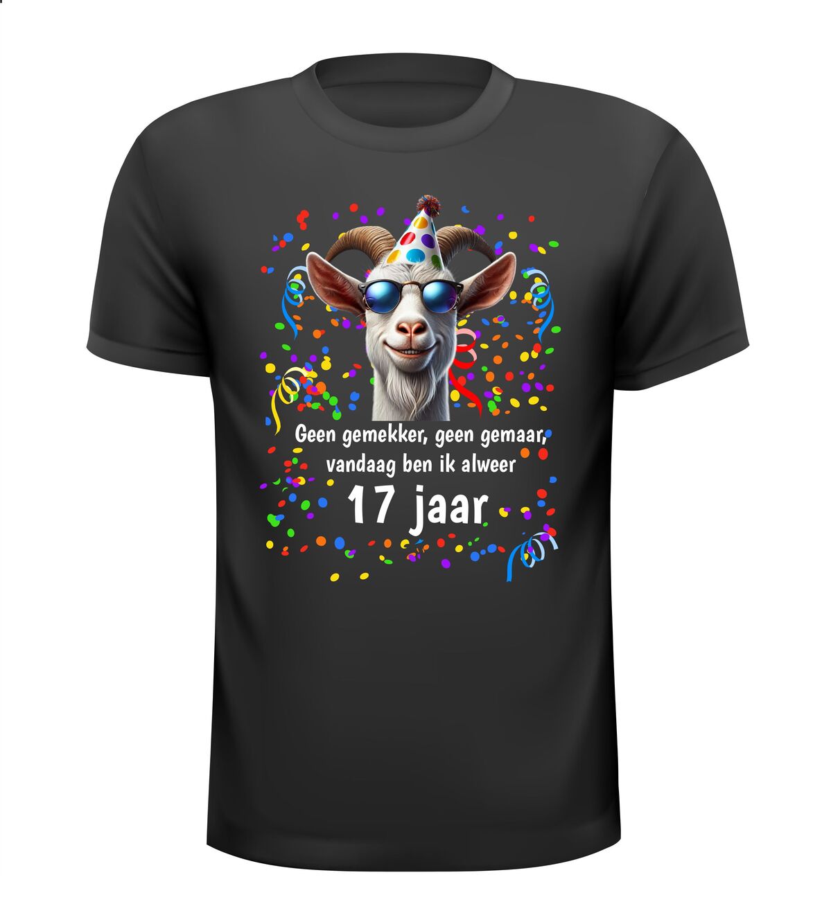 Feestelijk vrolijk verjaardag shirt 17 jaar leeftijd full colour afbeelding met geit