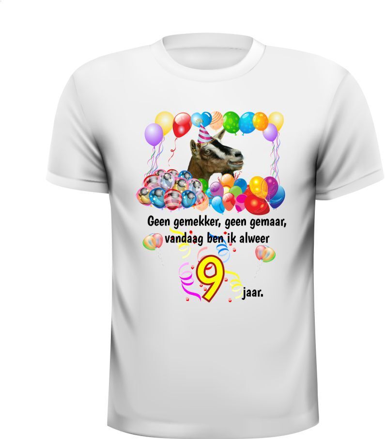Orgineel full colour print shirt 9 jaar  met geit en ballonnen erop