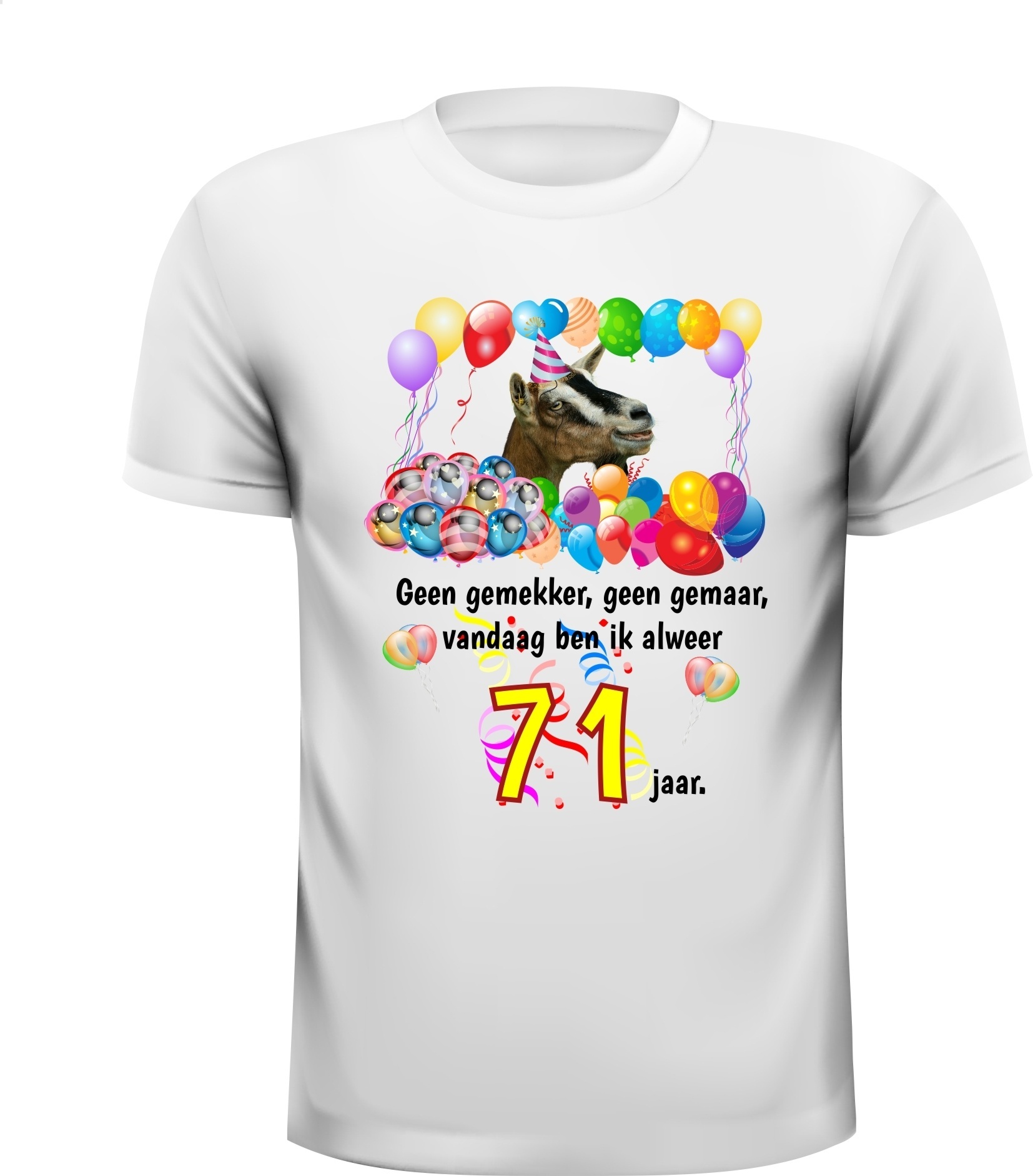 Verjaardag shirt 71 jaar met feestelijke print en geit