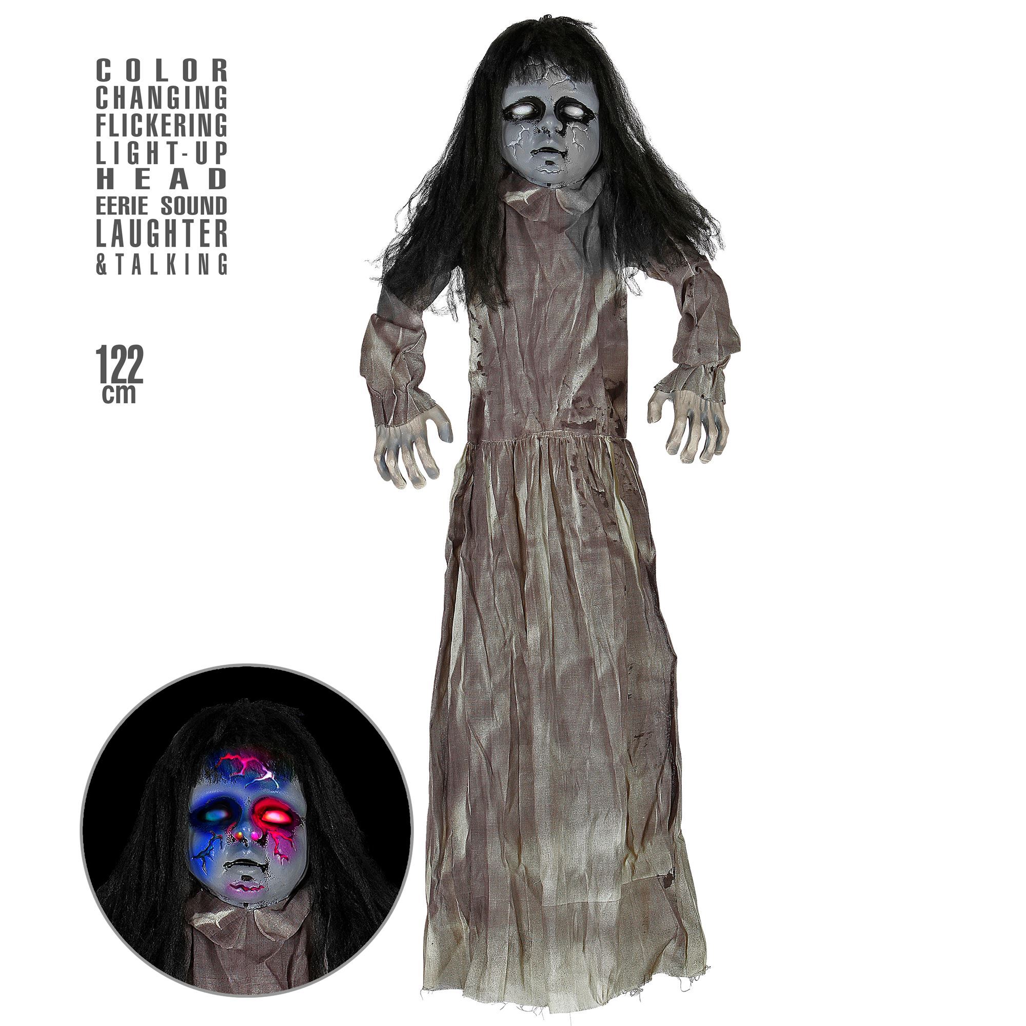 Beangstigende horror pop met licht en geluid 122 cm decoratie halloween