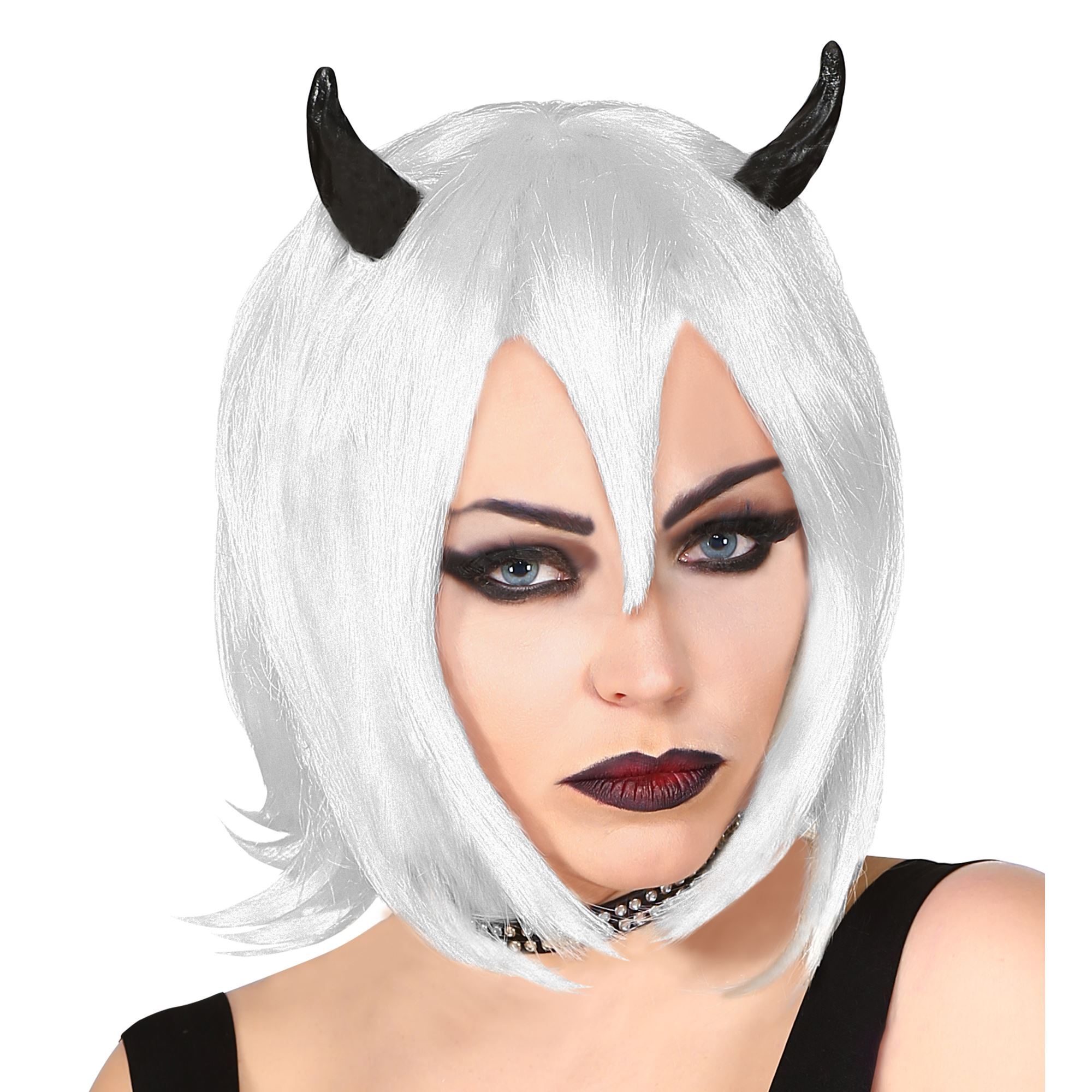 Demonen pruik cosplay pruik grijs met zwarte hoorns