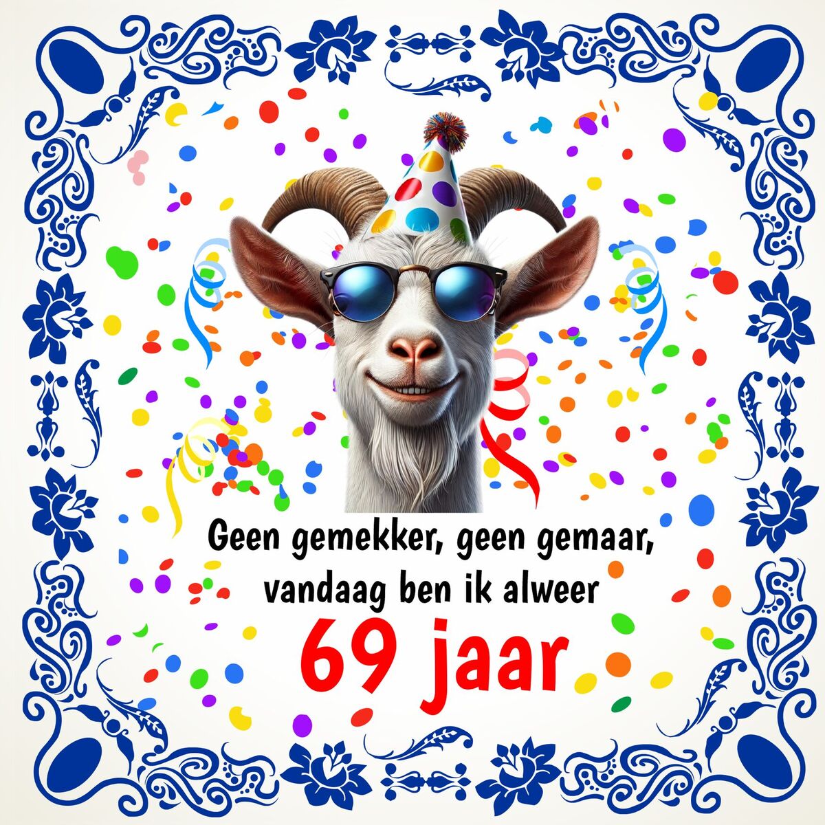 Feestelijke verjaardagstegel 69 jaar met grappige tekst en foto geit