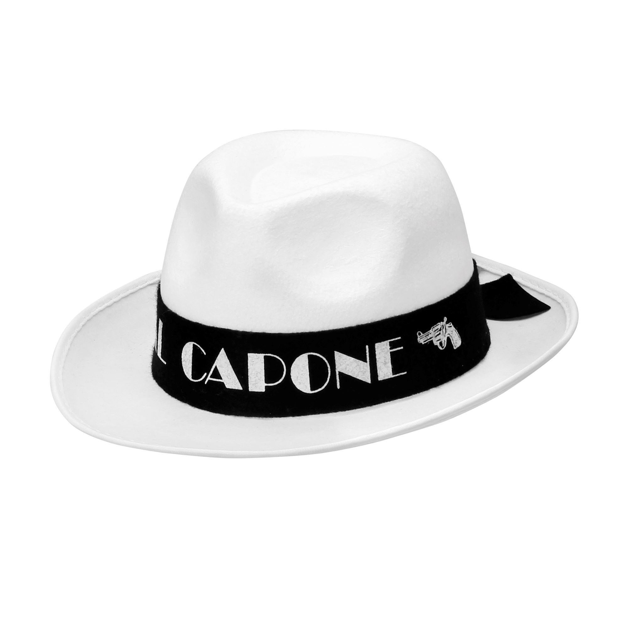 Gangster hoed in het wit met opdruk al capone voor een echte feest gangster
