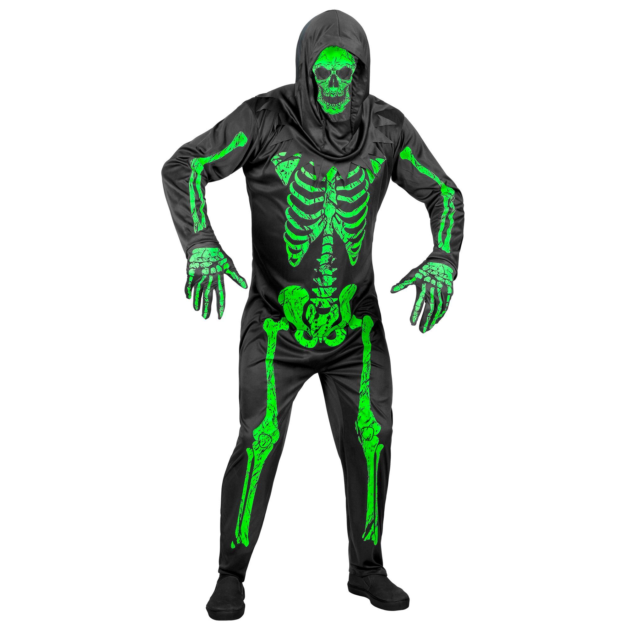 Giftig neon groen beangstigend skelet kostuum man