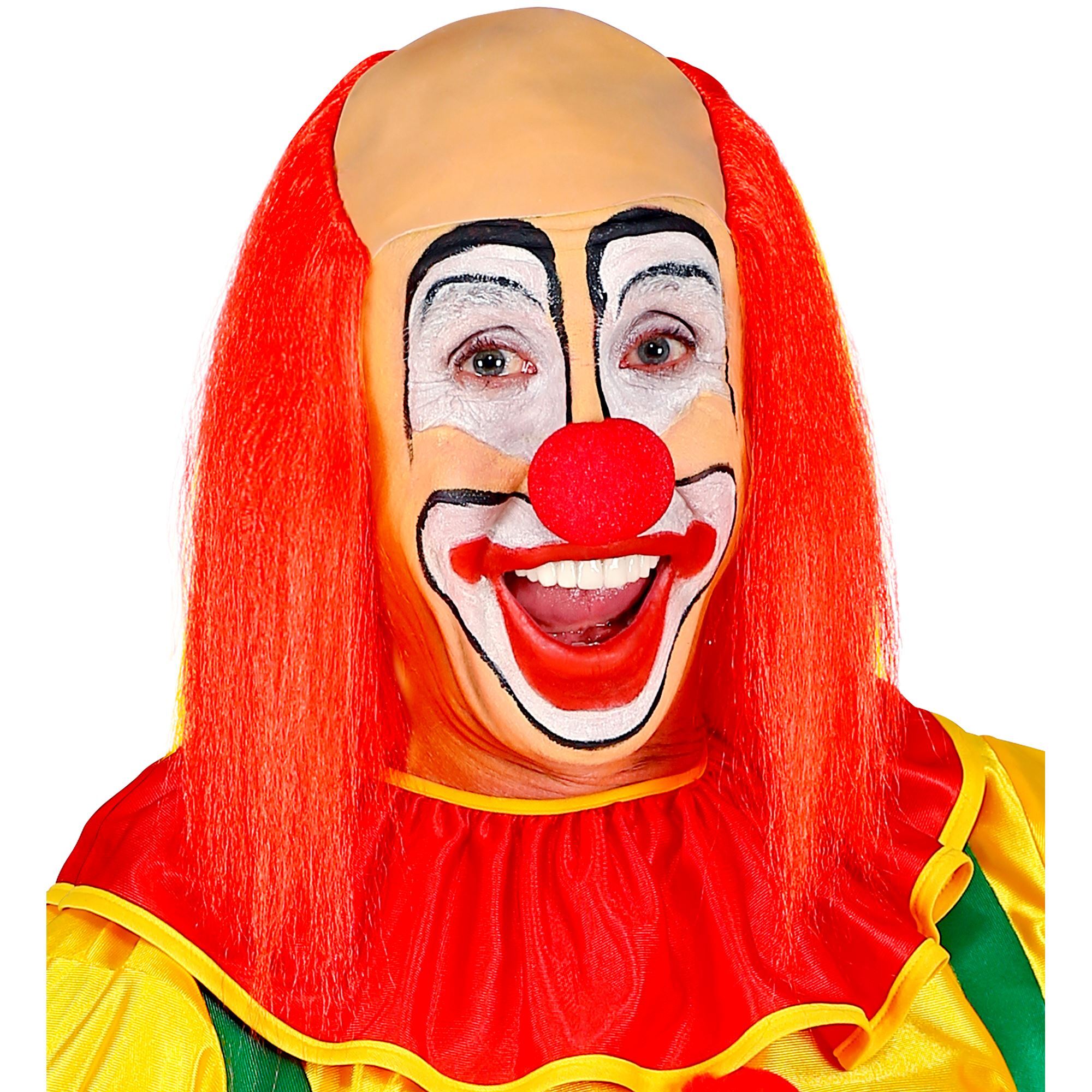 Lollige Clown kaal hoofd met lang rood clownshaar 