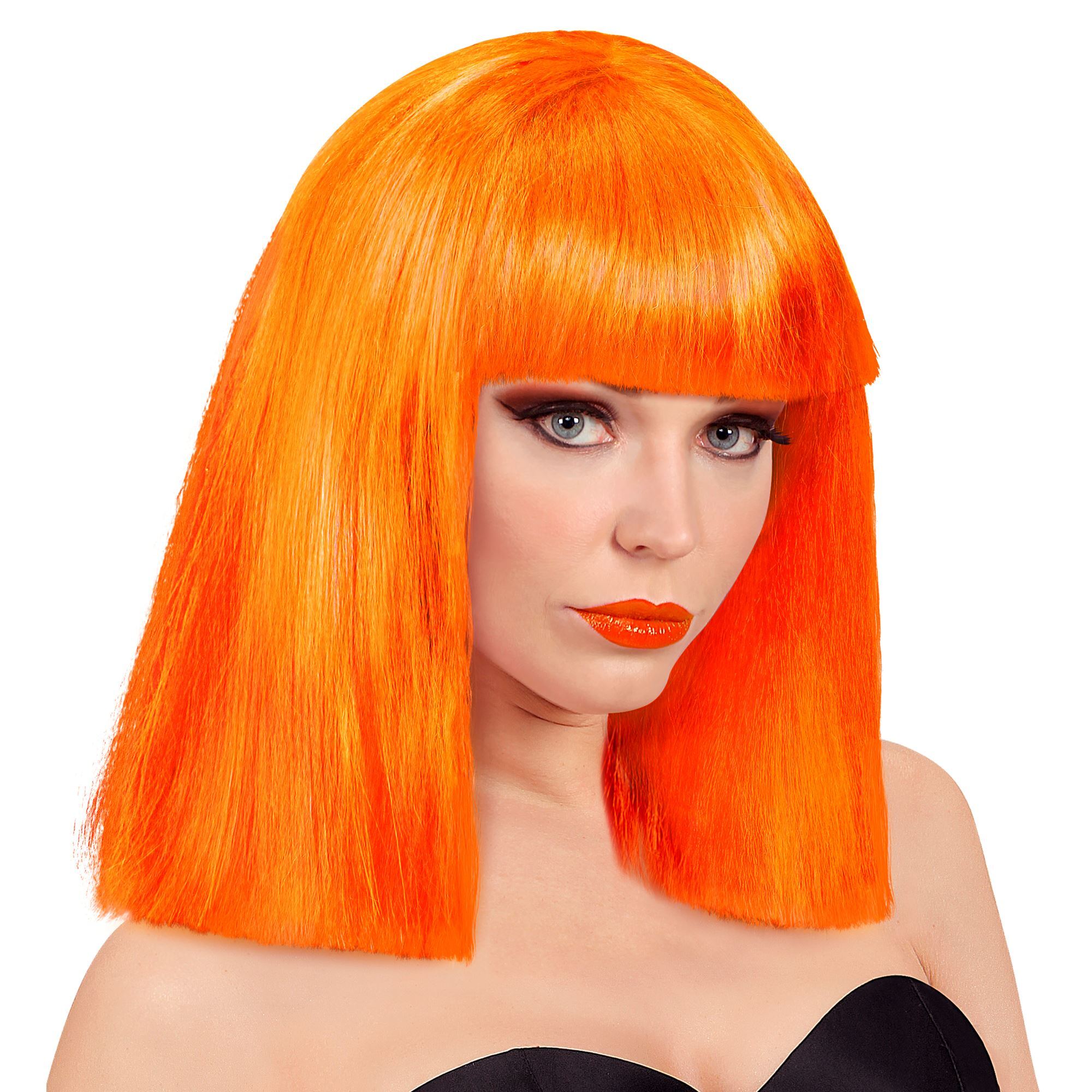 Pruik in het neon oranje steil haar voor een disco feestje of foute party