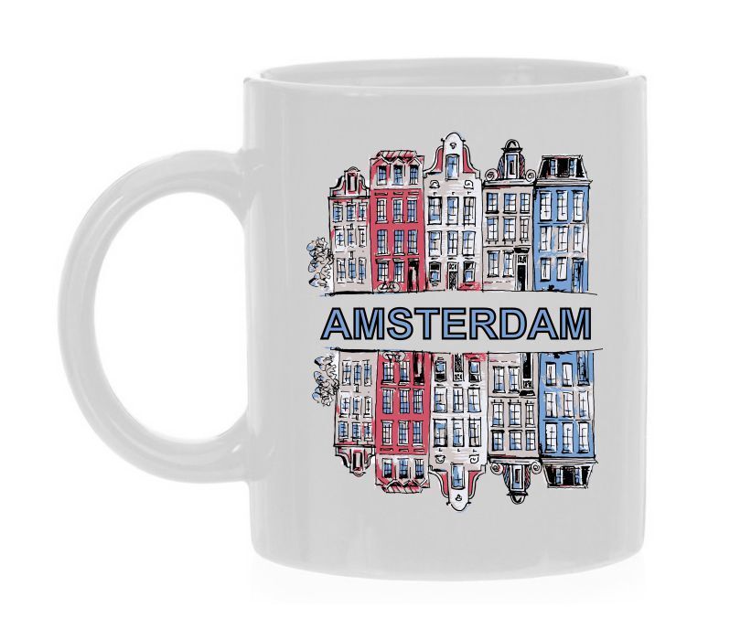 Amsterdamse grachten koffiemok panden cartoon getekend