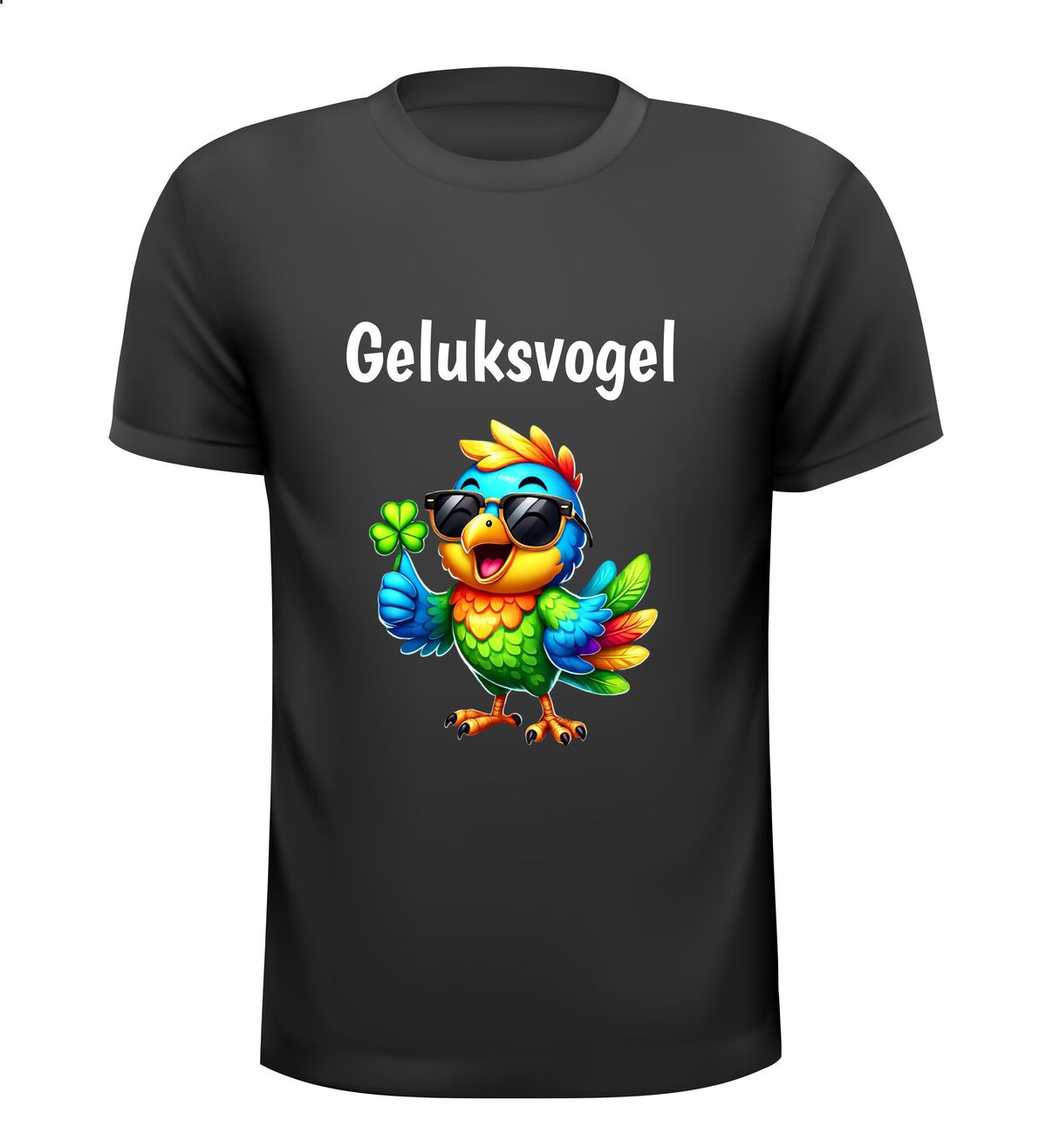 Geluksvogel shirt met kleurrijke vogel en klavertje 4 lucky t-shirt