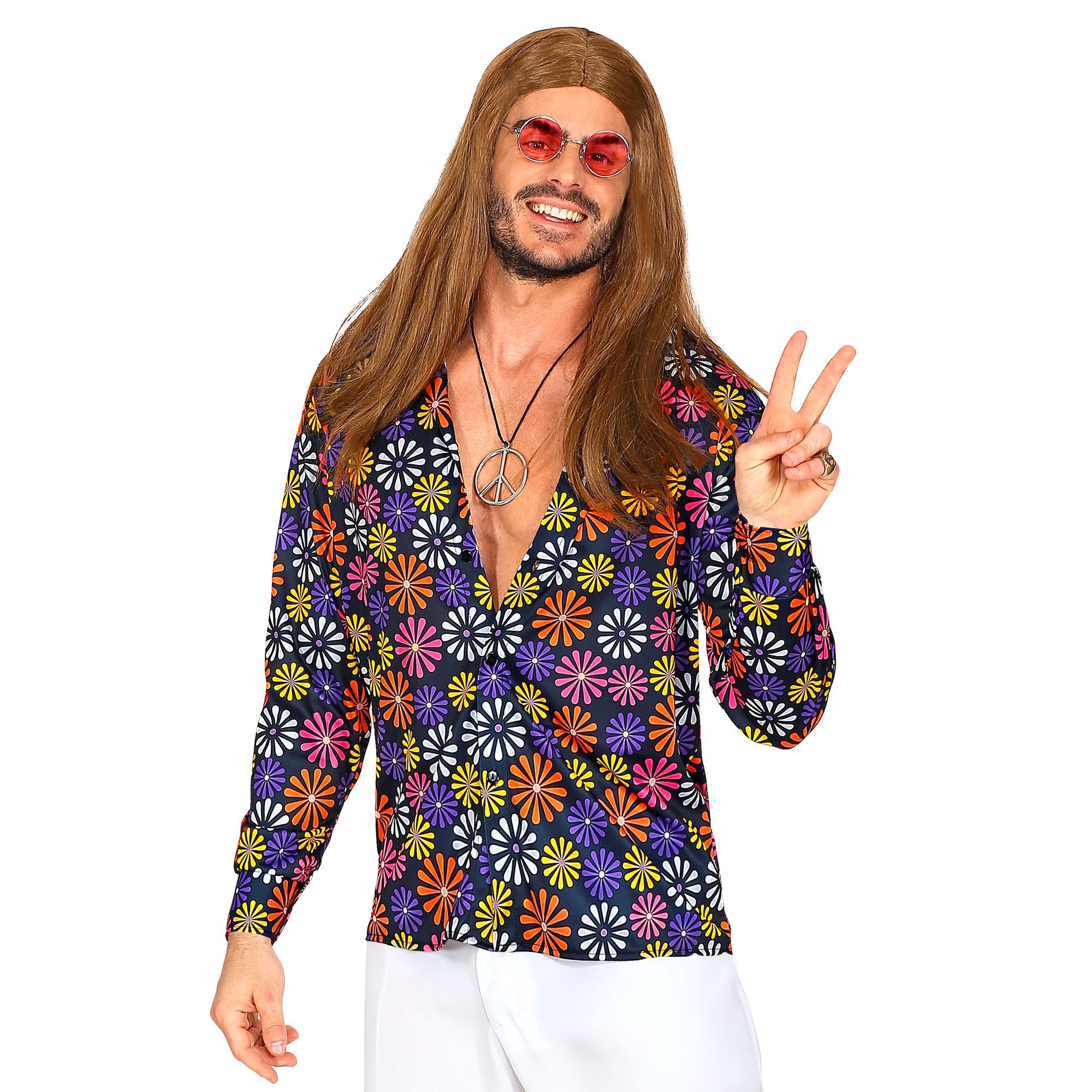 Hippie 70e jaren blouse met kleurrijke bloemen flower power heren