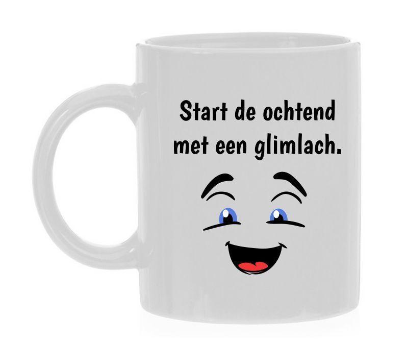 start de ochtend met een glimlach koffiemok vrolijk smile gezicht lachend