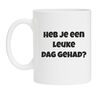 foto 1 koffiemok heb je een leuke dag gehad? interesses vragend benieuwd 