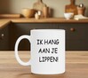 foto 3 koffiemok ik hang aan je lippen grappig tekst voor op een koffiemok