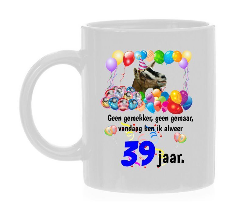 Thee of koffie mok verjaardag 39 leeftijd met leuke tekst en print van een geit