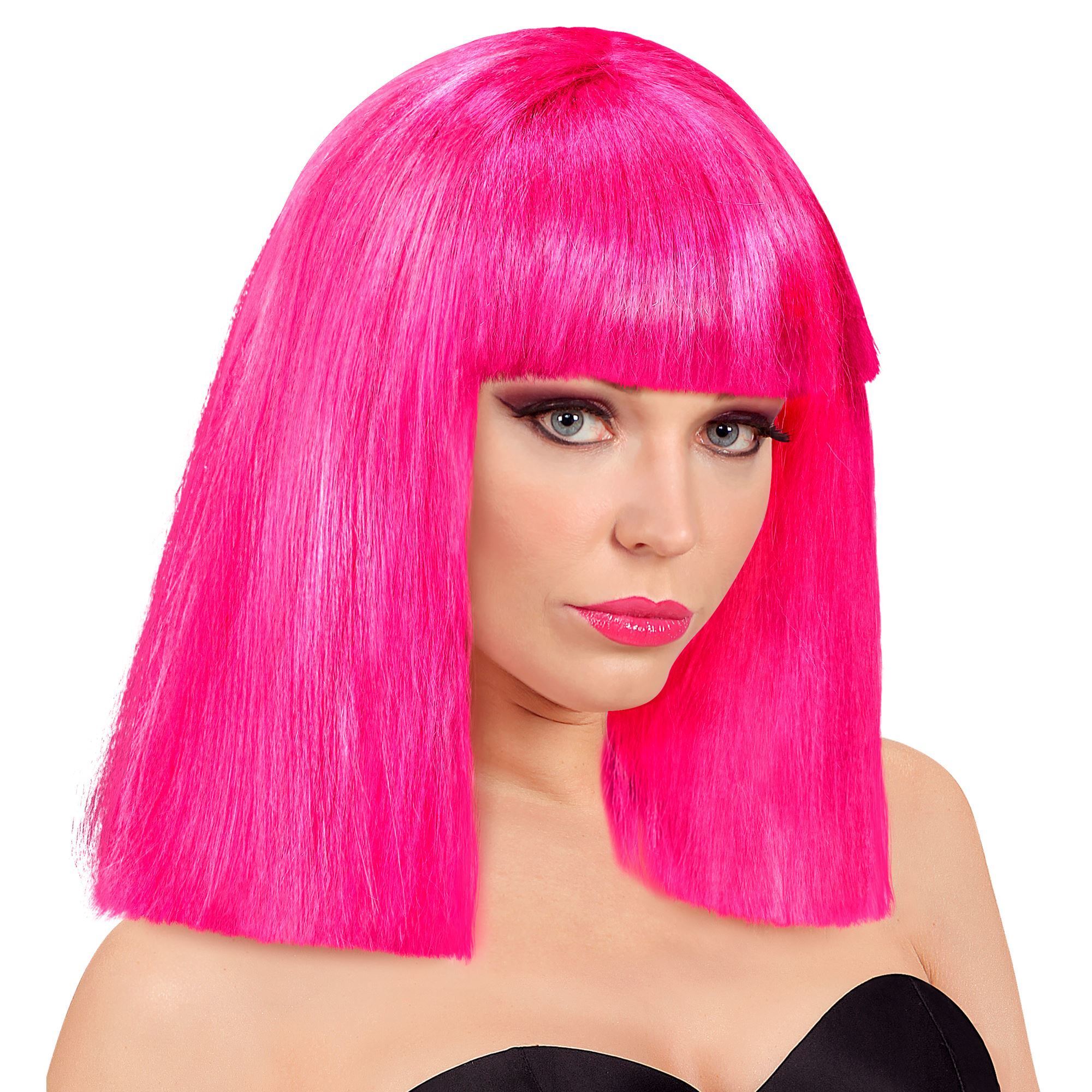 Pruik in het neon roze steil haar voor een disco feestje of foute party