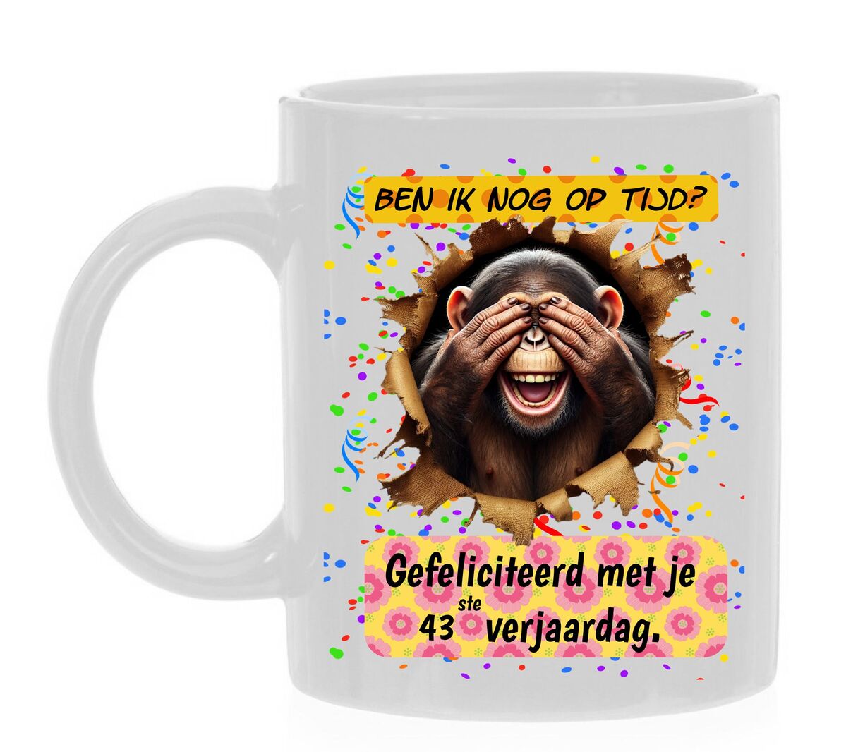 43ste verjaardag koffiemok te laat last minute vergeten grappig