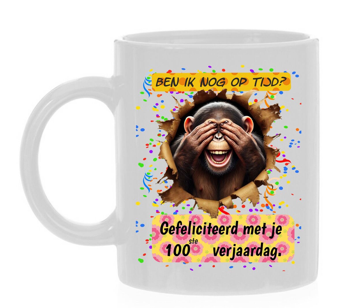 Koffiemok 100ste verjaardag feest grappig leuk cadeau haast verlaat laat