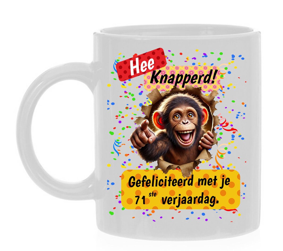 71ste felicitatie koffiemok hee knapperd leuke print aap