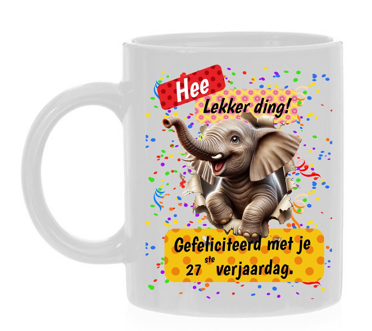 Cadeau mok voor een 27ste verjaardag grappig humoristisch olifant