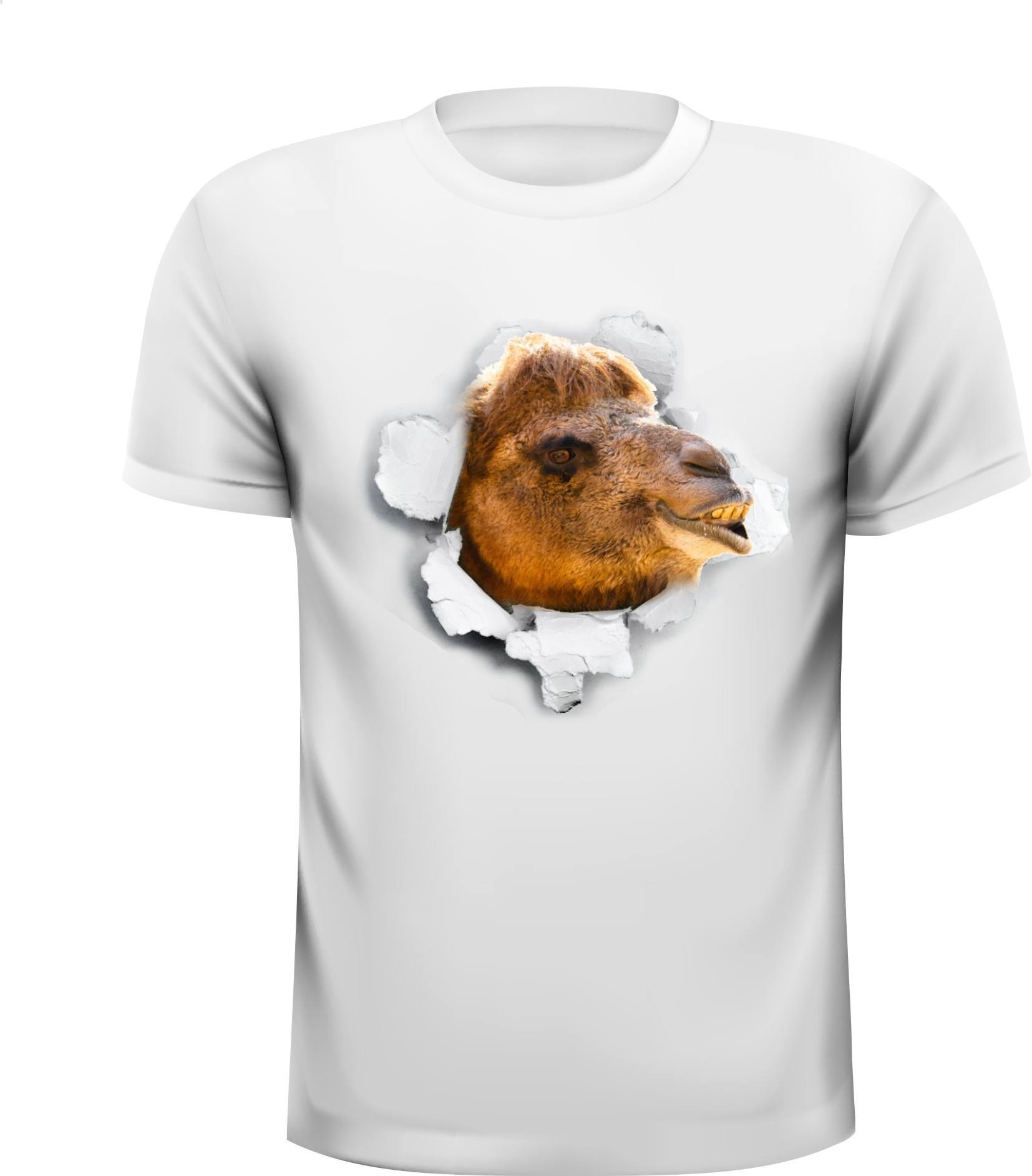 Kameel dromedaris kruipt uit  t-shirt met zijn kop