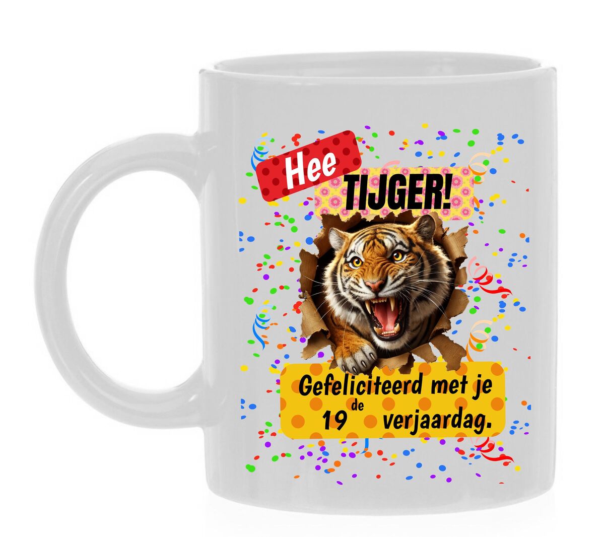 Koffiemok 19de verjaadag hee tijger felicitatie leuk cadeau