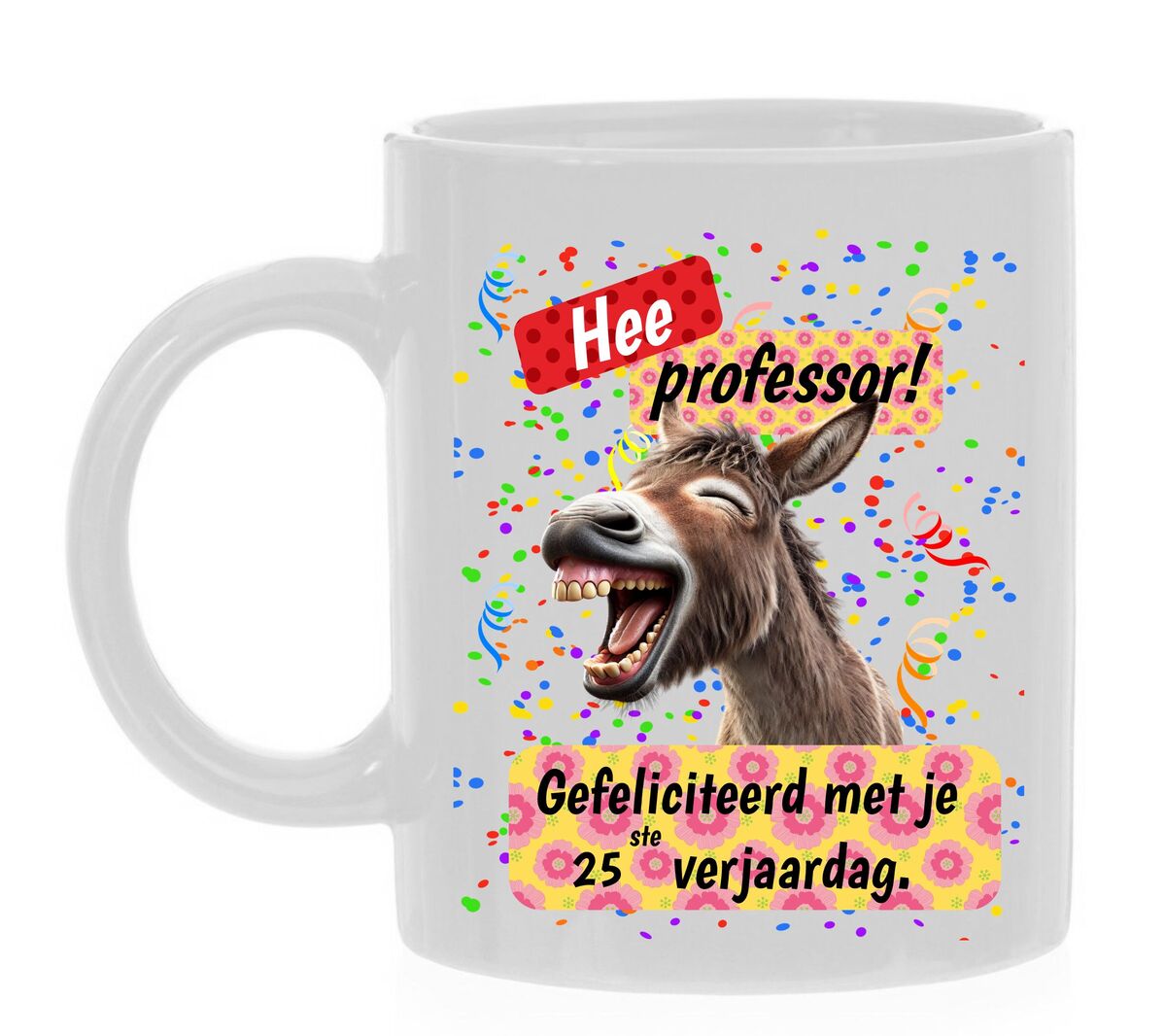 Koffiemok 25ste verjaardag felicitatie studiebol geleerd geniaal knap professor