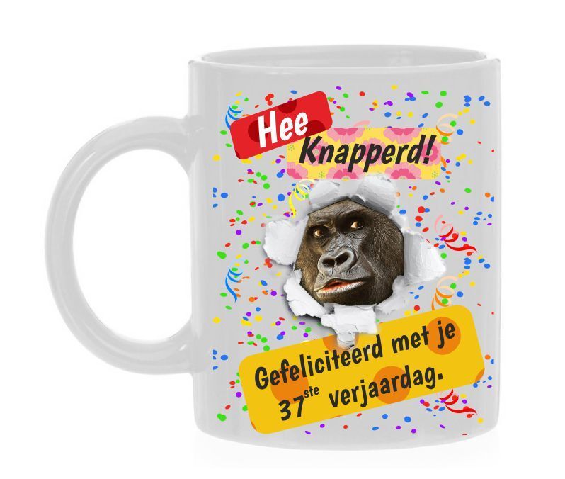 Koffiemok 37ste verjaardag hee knapperd aap feliciteren lachen
