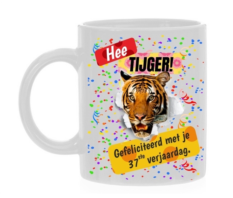 Koffiemok 37ste verjaardag hee tijger stoer kleurijk