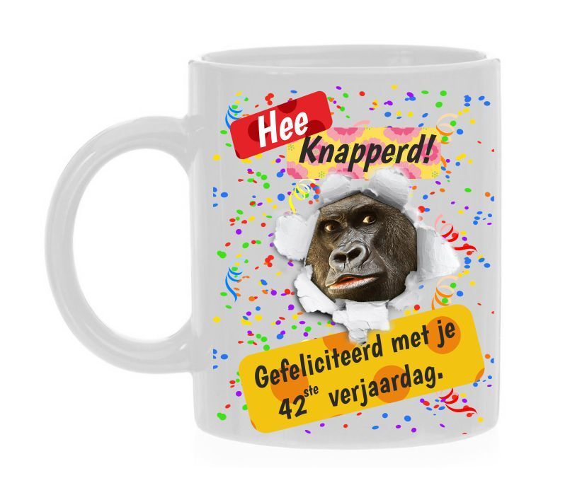 Koffiemok 42ste verjaardag felicitatie grappig leuk gekke aap