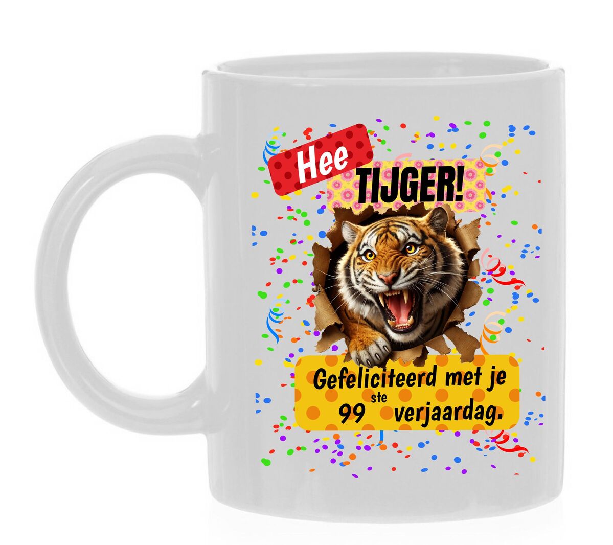 Koffiemok 99ste verjaardag stoere tijgerhoofd cadeau vrolijke print