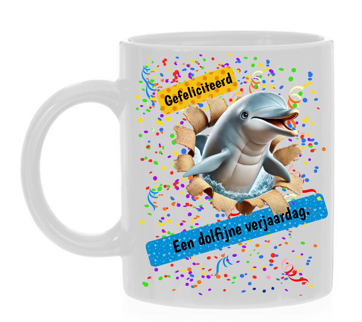 Koffiemok een dolfijne verjaardag gefeliciteerd felicitatie dolfijn