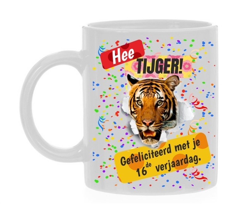 Koffiemok hee tijger gefeliciteerd met je 16de verjaardag felicitatie