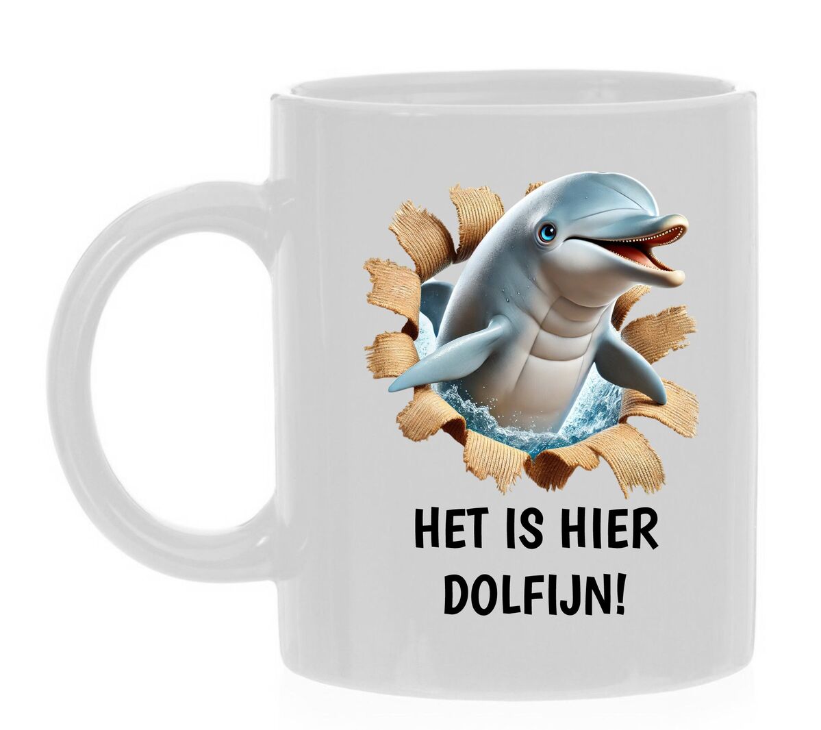 Koffiemok het is hier dolfijn grappig springende dolfijn uit de mok