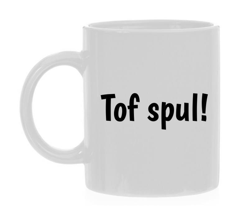 Koffiemok met de tekst tof spul erop gedrukt